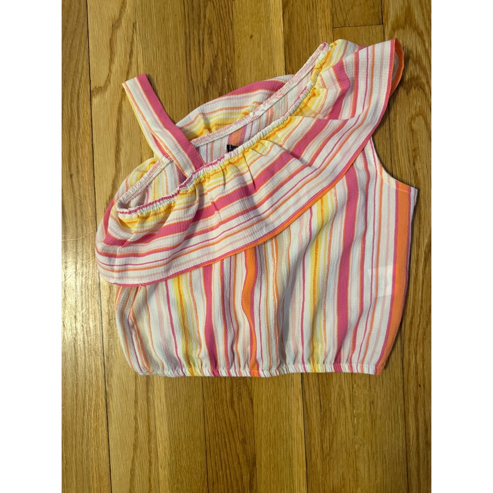 Xtraordinary junior Pink Orange Striped One Shoulder Ruffle Crop Top Size 7